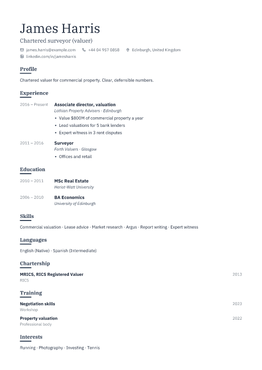 Chartered surveyor (valuer) resume template, Ledger design