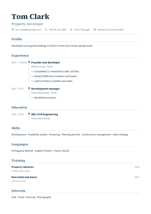 Property developer resume template, Registry design