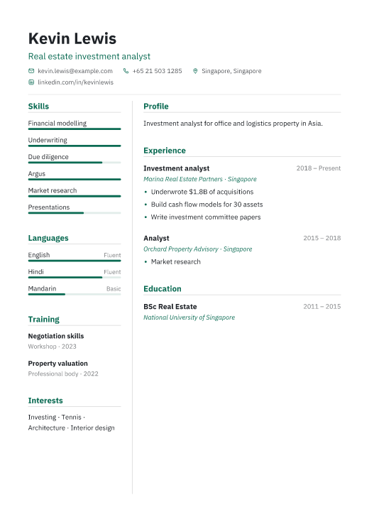Real estate investment analyst resume template, Treasury design