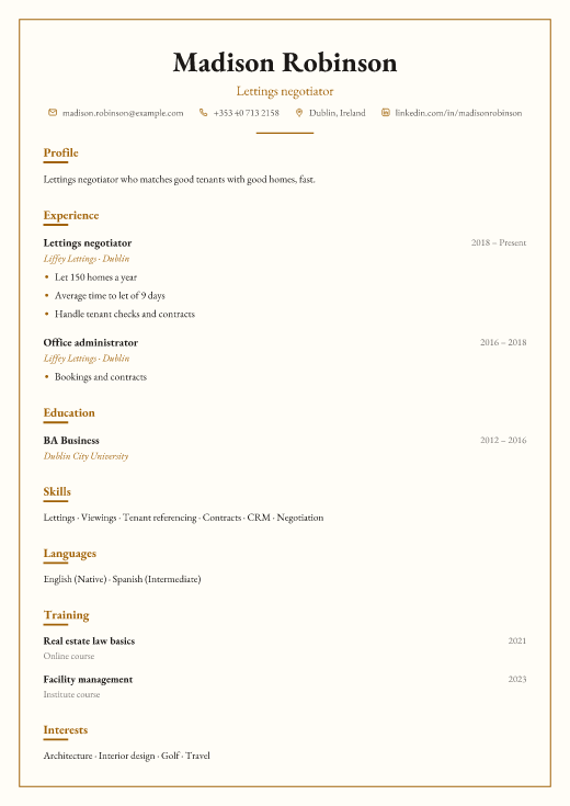 Lettings negotiator resume template, Chambers design