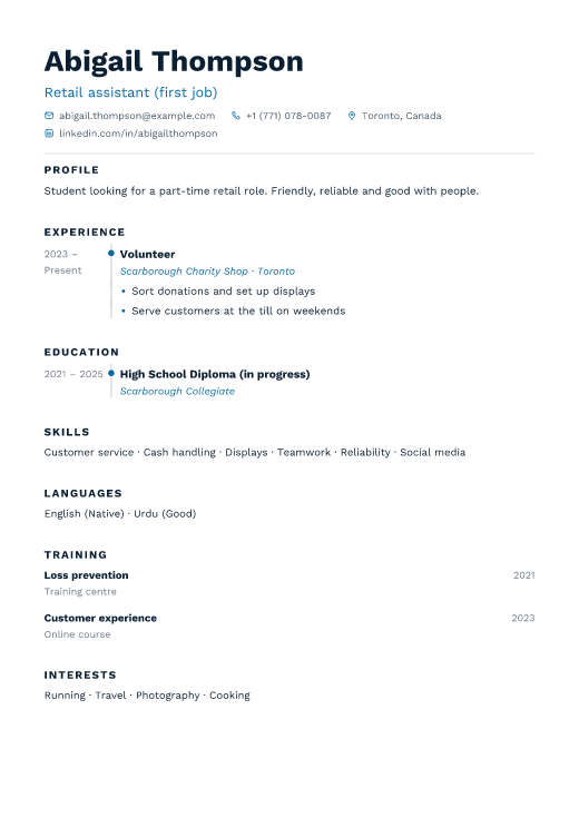 Retail assistant (first job) resume template, Harbour design