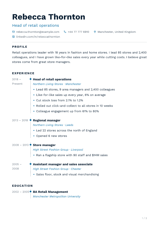 Head of retail operations resume template, Harbour design, 2 pages
