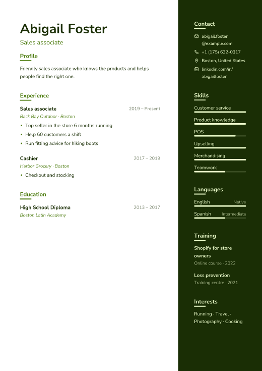 Sales associate resume template, Field design