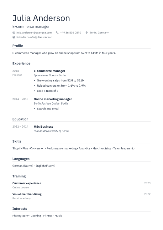 E-commerce manager resume template, Depot design