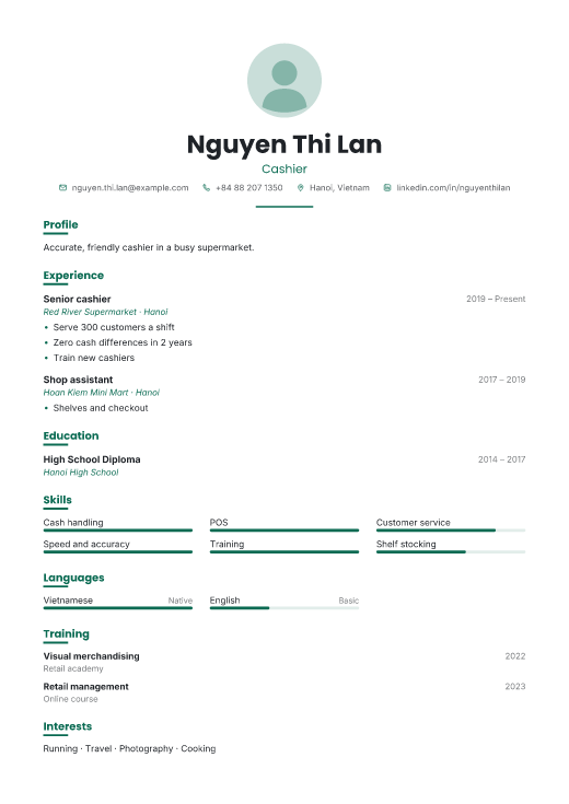 Cashier resume template, Shift design