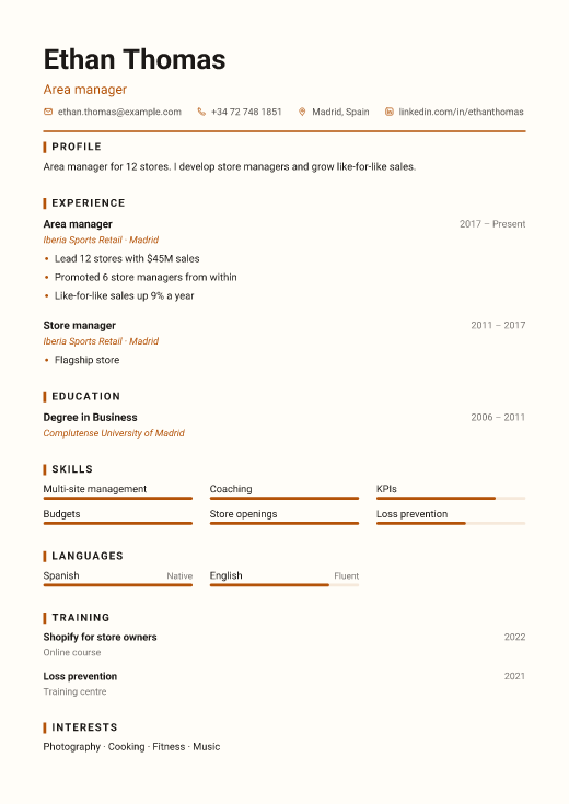 Area manager resume template, Workshop design