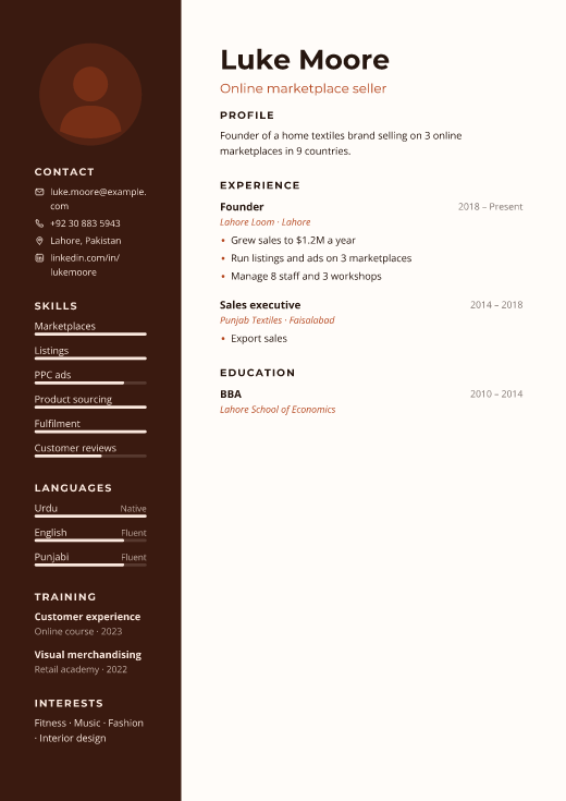 Online marketplace seller resume template, Site design