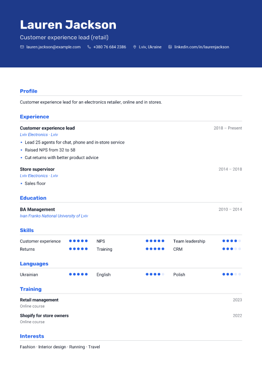 Customer experience lead (retail) resume template, Route design