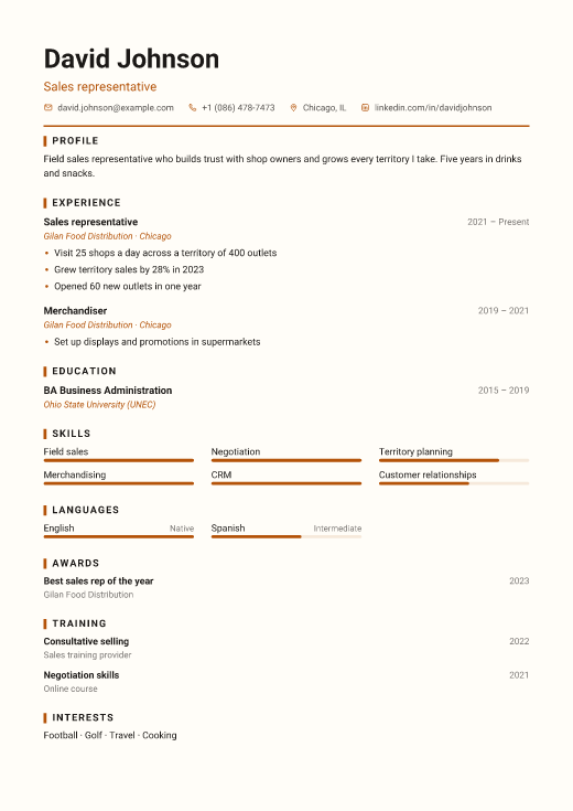 Sales representative resume template, Workshop design