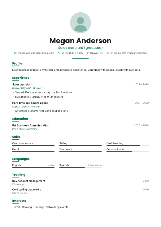 Sales assistant (graduate) resume template, Shift design