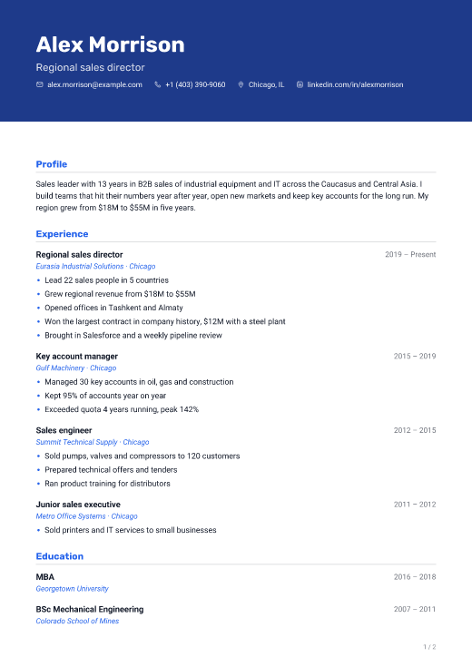 Regional sales director resume template, Route design, 2 pages