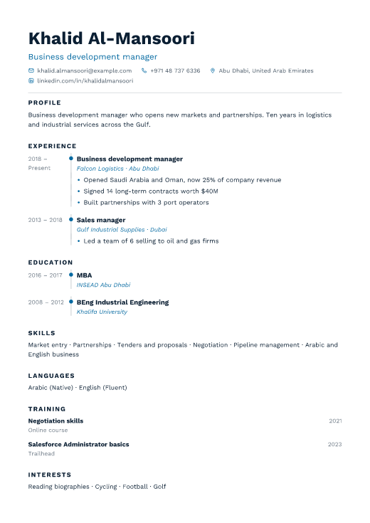 Business development manager resume template, Harbour design