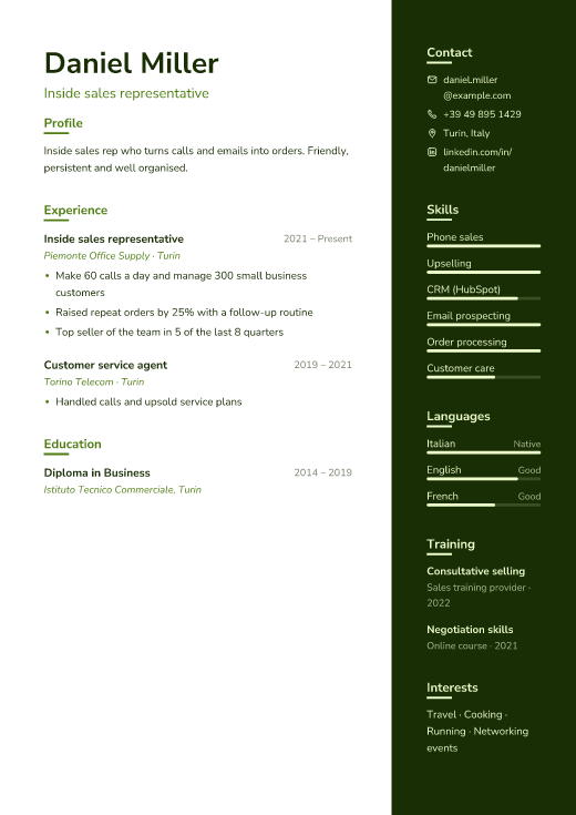 Inside sales representative resume template, Field design