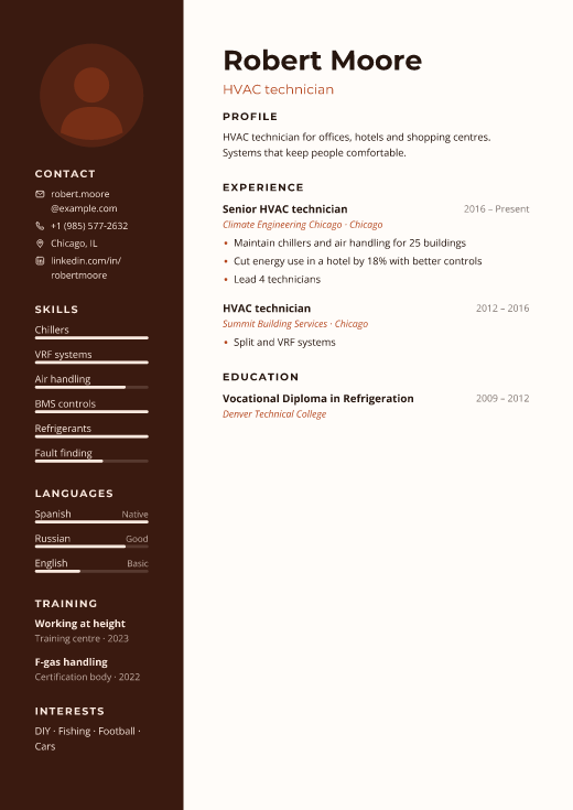 HVAC technician resume template, Site design