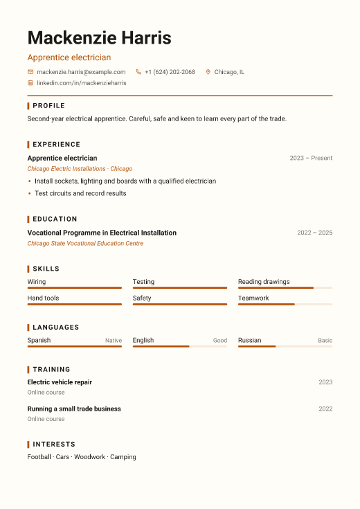 Apprentice electrician resume template, Workshop design