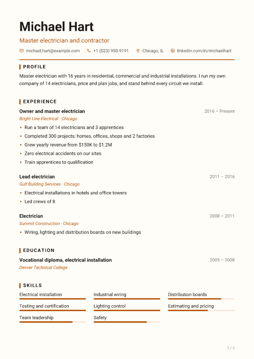 Master electrician and contractor resume template, Workshop design, 2 pages