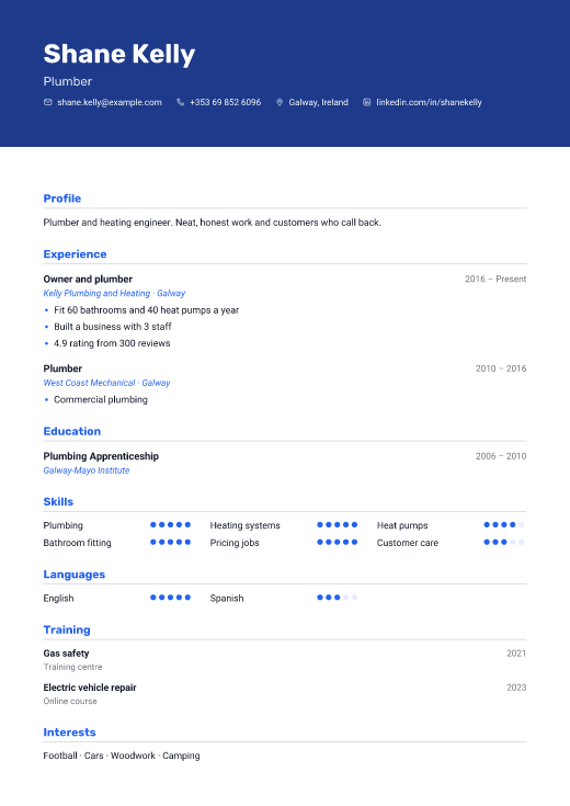 Plumber resume template, Route design