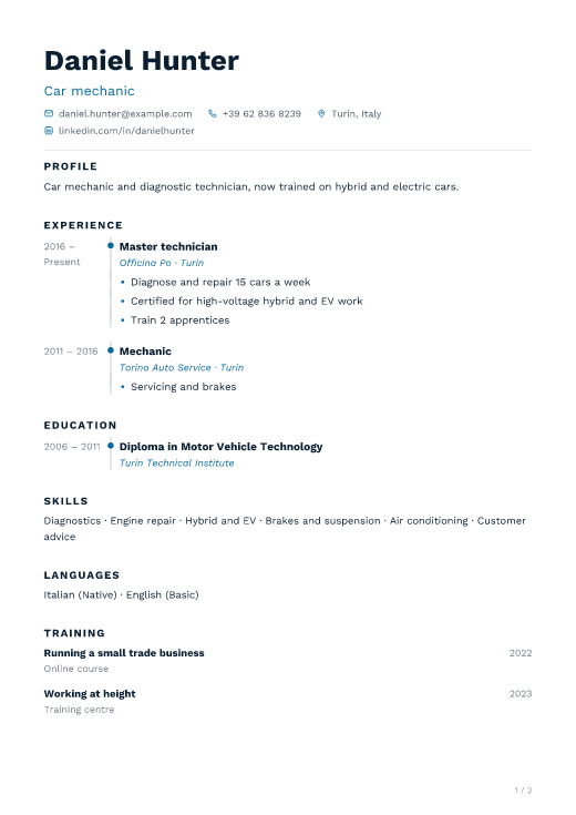 Car mechanic resume template, Harbour design