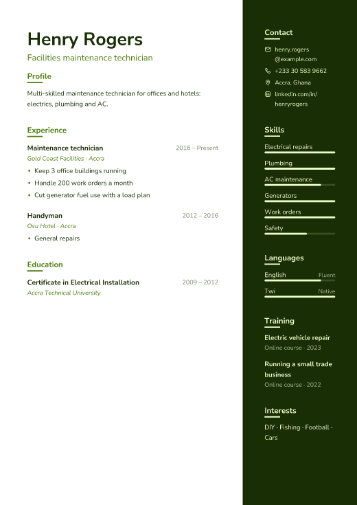 Facilities maintenance technician resume template, Field design