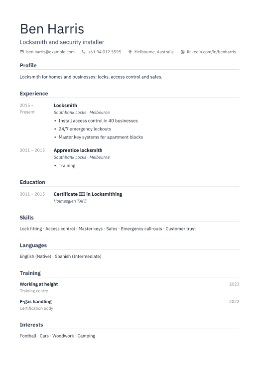 Locksmith and security installer resume template, Depot design
