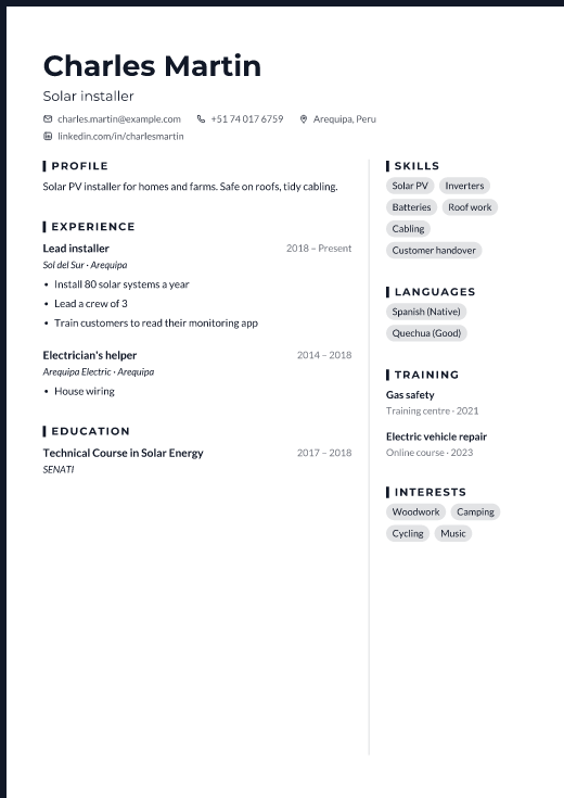 Solar installer resume template, Forge design