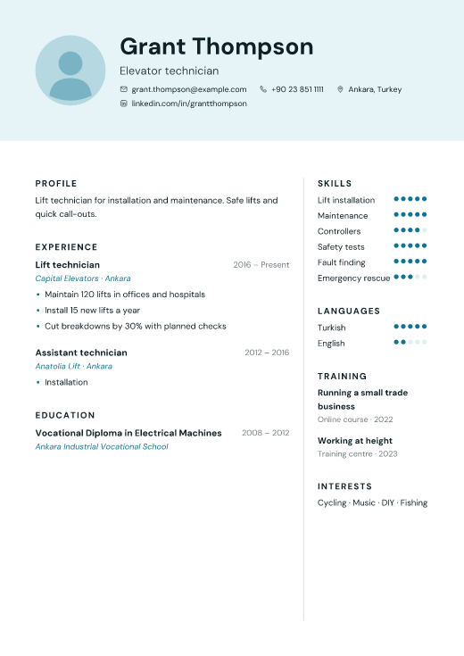 Elevator technician resume template, Crew design