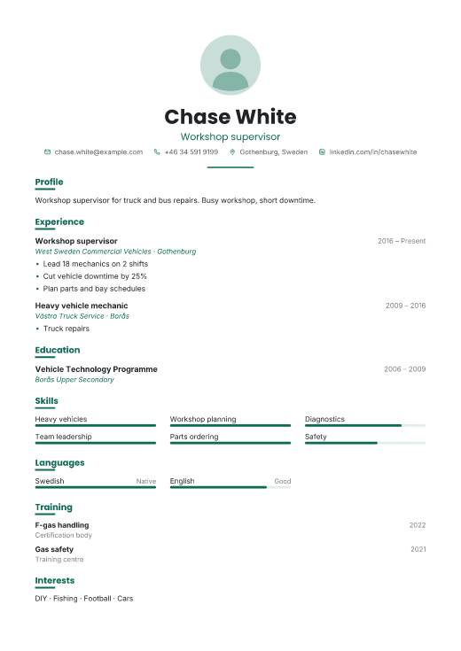 Workshop supervisor resume template, Shift design