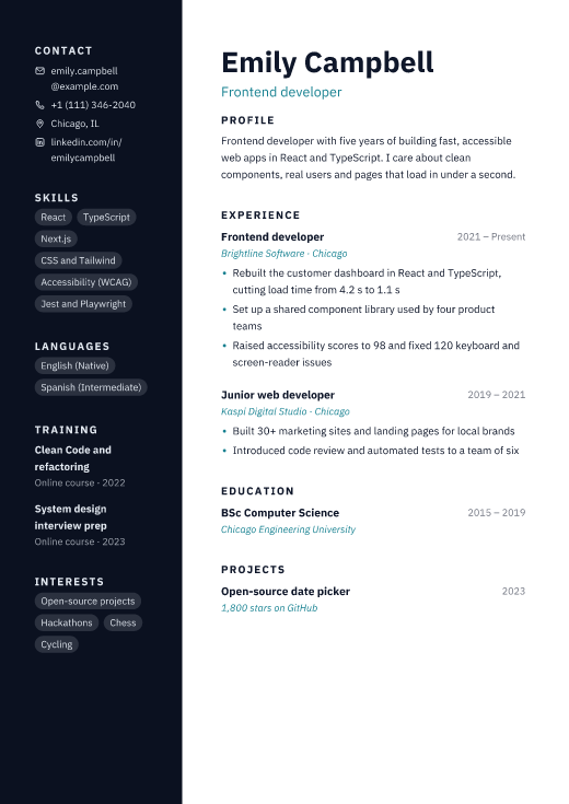 Frontend developer resume template, Stack design