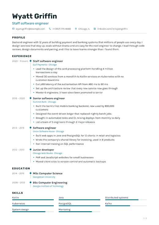 Staff software engineer resume template, Signal design, 2 pages