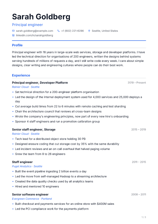 Principal engineer resume template, Commit design, 3 pages