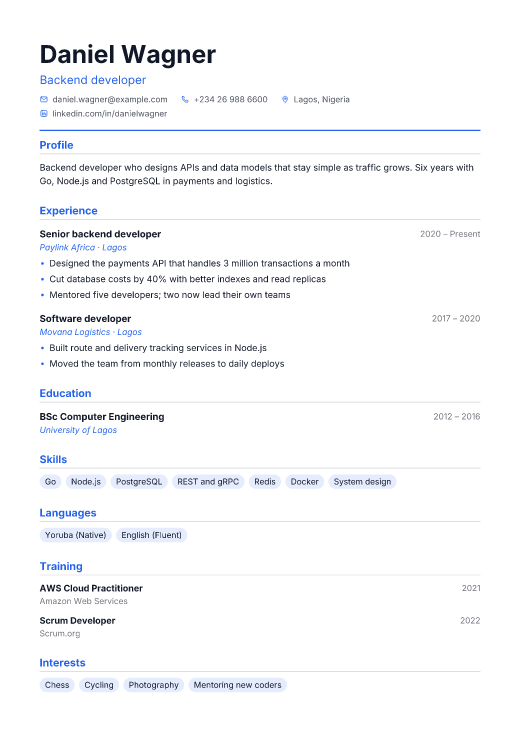 Backend developer resume template, Commit design