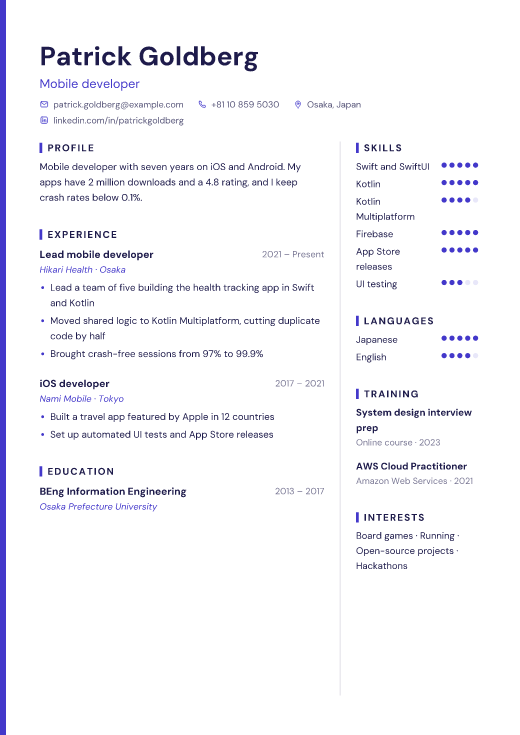 Mobile developer resume template, Pixel design