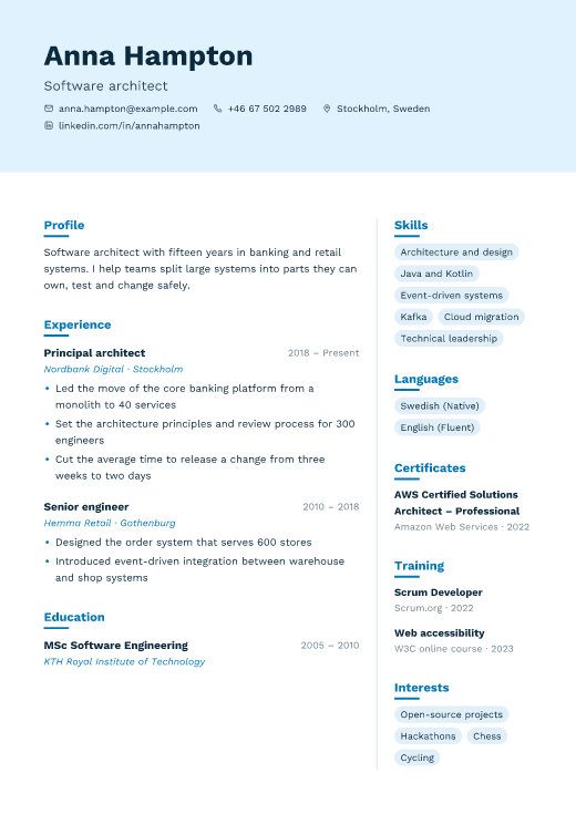 Software architect resume template, Cloud design