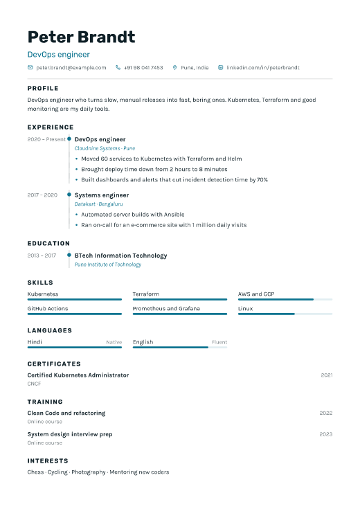 DevOps engineer resume template, Signal design