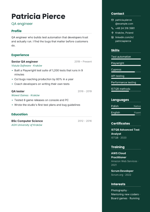 QA engineer resume template, Vector design