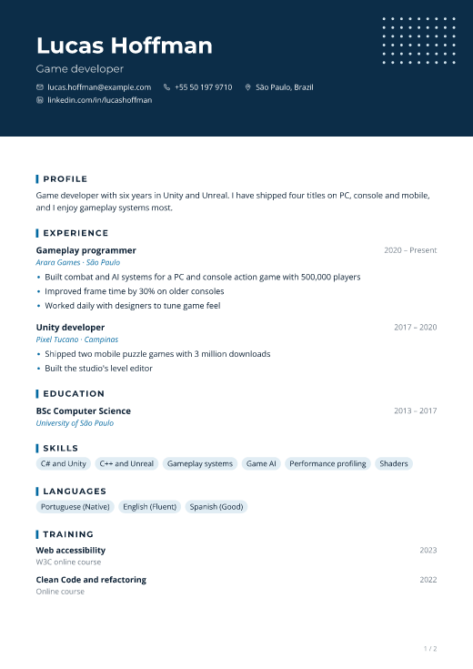 Game developer resume template, Uptime design