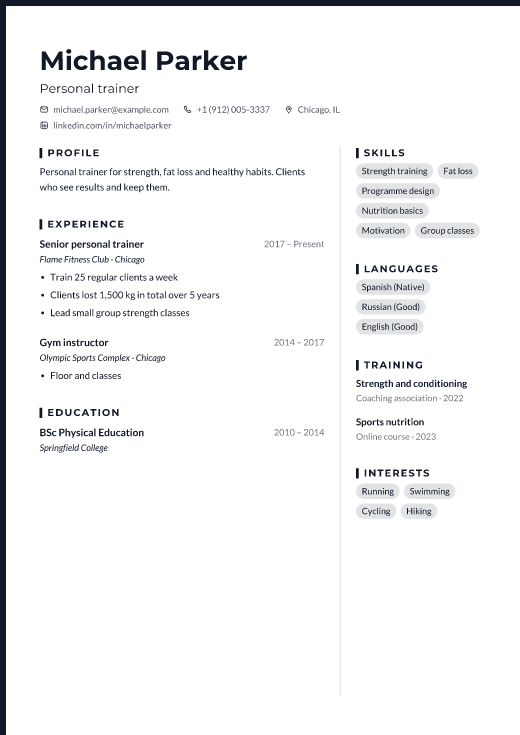 Personal trainer resume template, Forge design