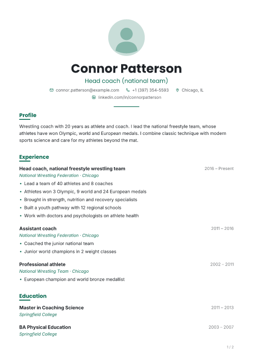 Head coach (national team) resume template, Shift design, 2 pages