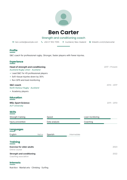 Strength and conditioning coach resume template, Shift design