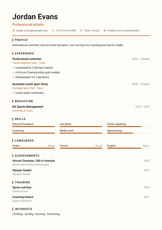 Professional athlete resume template, Workshop design