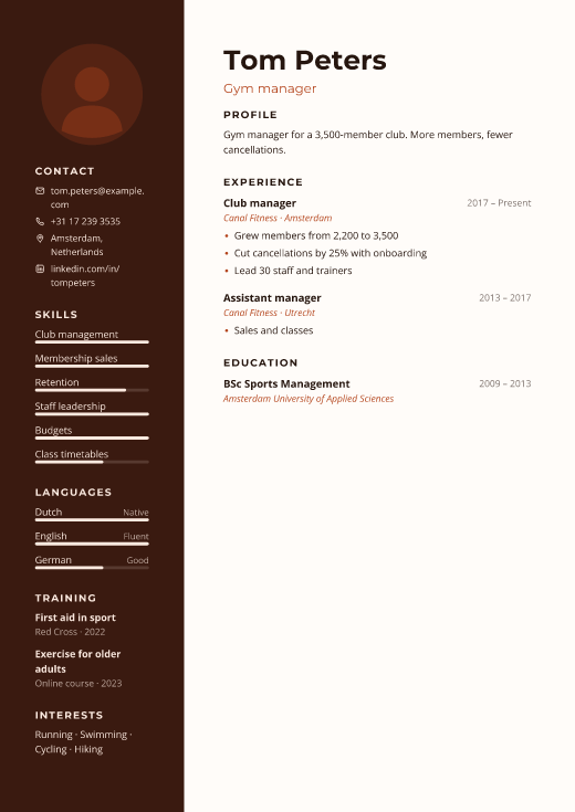Gym manager resume template, Site design