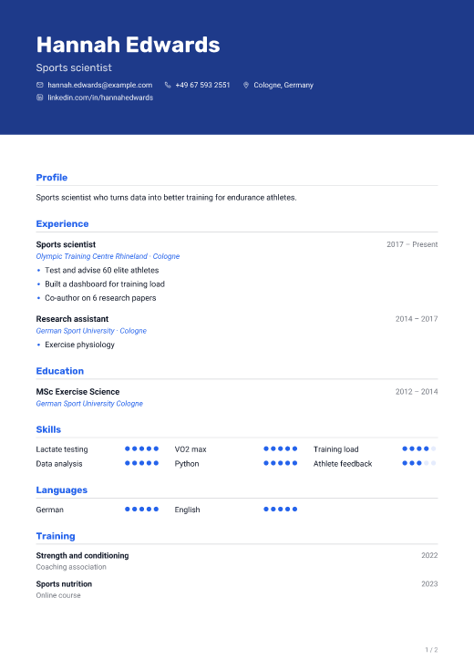 Sports scientist resume template, Route design