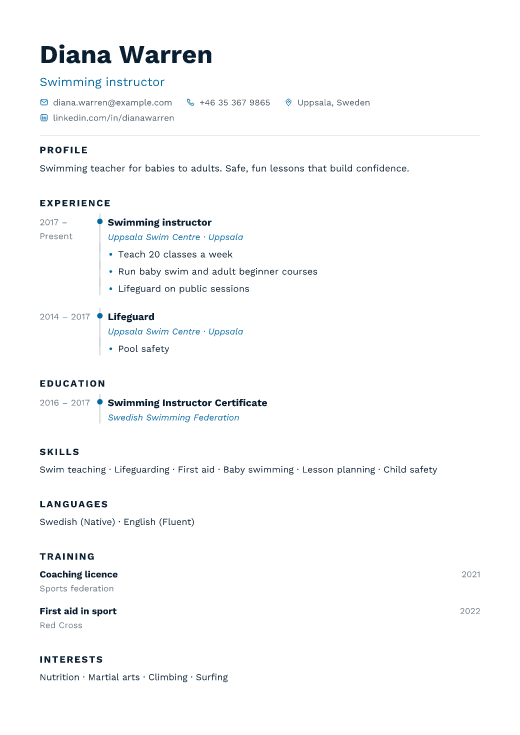 Swimming instructor resume template, Harbour design