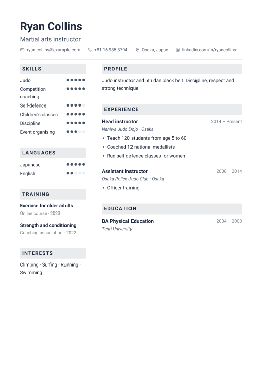 Martial arts instructor resume template, Toolbox design