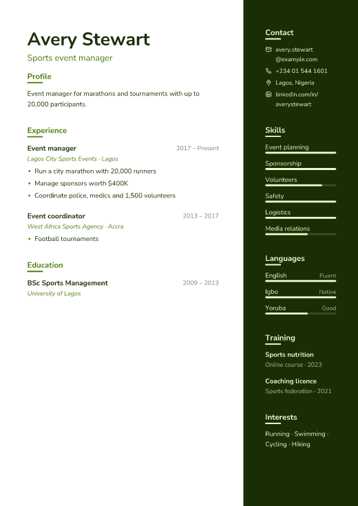 Sports event manager resume template, Field design