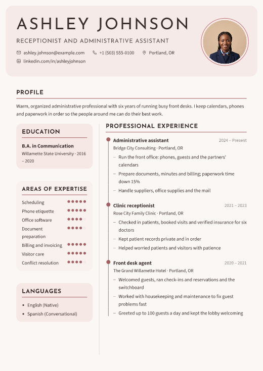 Receptionist and administrative assistant resume template, Blush Desk design