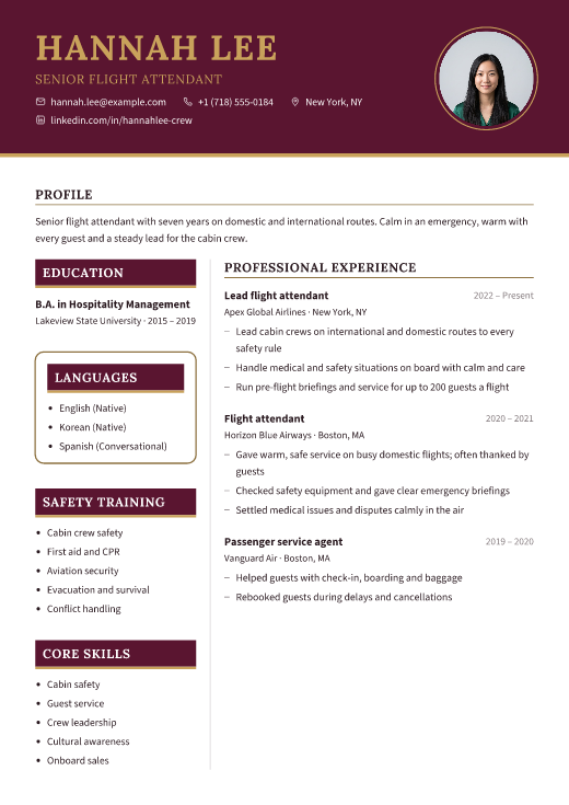 Senior flight attendant resume template, Cabin Gold design