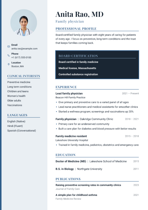 Family physician resume template, Clinic Blue design