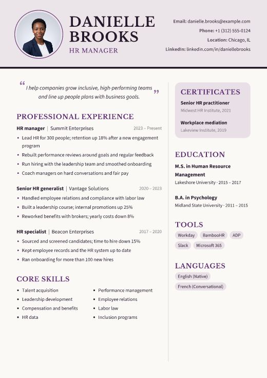 HR manager resume template, Lilac design