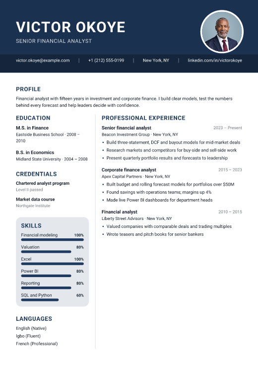 Senior financial analyst resume template, Navy Bars design